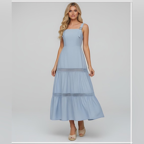 Boho Lace Patchwork Ruffle Hem Sleeveless Dress Blue - Picture 3 of 8